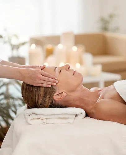 Client en détente recevant un massage relaxant au salon.
