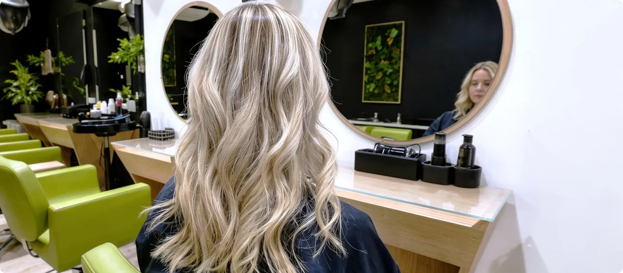 Client en salon recevant une coupe et soins capillaires modernes.